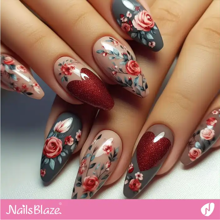 Glossy Roses and Glitter Hearts Nail Design | Valentine Nails - NB2435